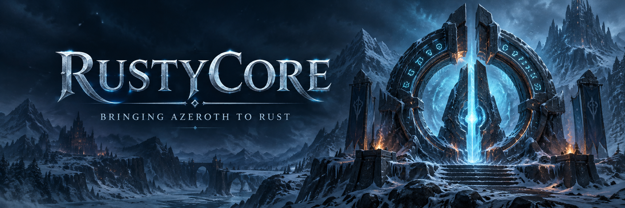 RustyCore — Bringing Azeroth to Rust. A glowing frozen portal overlooking an icy mountain fortress.